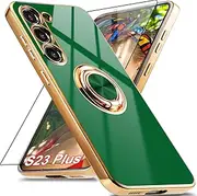 [Aitipy] for Samsung Galaxy S23 Plus Case with 1 Screen Protector, Built-in 360° Rotation Ring Holder Magnetic Stand, Luxury Shiny Plating Edge Shockproof Electroplated Protective Cover (Green/Golden)