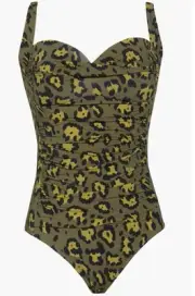 Betsey Johnson Green Leopard Ruched Built-in Bra Bandeau 1-Pc Swimsuit NWT $128
