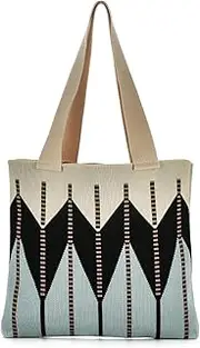 [WNV] Women Colorful Knitted Shoulder Handbag Colorblock Geometric Crocheted Top-handle Bag Travel Beach Working Daily Tote Purse