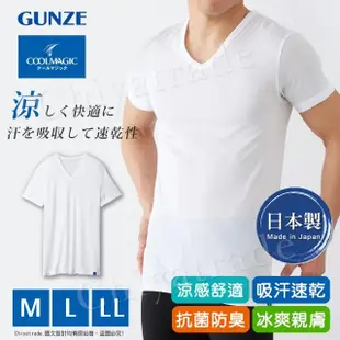 【Gunze 郡是】日本製 COOLMAGIC 男士機能涼感 V領 短袖 內衣 T-shirt-白色(涼感舒適)
