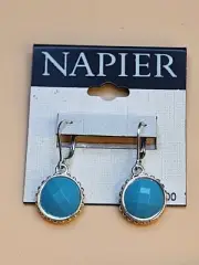 NAPIER Signed Aqua & Silver Tone Faceted Dangle Earrings NEW FREE $HIPPING