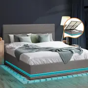 Oikiture Bed Frame Double Size RGB LED Gas Lift Base Storage