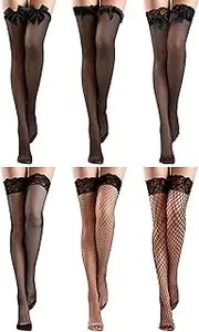 [Bencailor] 6 Pairs Silky Fishnet Thigh High Stockings Silicone Lace Top Sheer over Knee Silky Stockings for Woman, Black, One Size