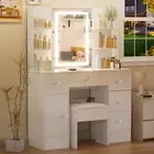 Vanity Makeup Desk Stool Dressing Table Set with Hollywood LED Mirror 5 Drawers