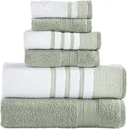 Modern Threads 6 Piece Set, 2 Bath Towels, 2 Hand Towels, 2 Washcloths, Quick Dry White/Contrast Reinhart Sage