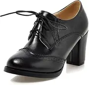 [SHEMEE] Retro Wingtip Oxfords for Women Chunky Block Heels Brogues Saddle Shoes Round Toe Lace Up Pumps Thick High Heeled Booties, Black, 10