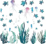 28 Pcs Under The Sea Wall Decals Glow in The Dark Sea Turtle Ocean Grass Seaweed Jellyfish Peel Stick Underwater Wall Decoration for Kids Bedroom Bathroom Toilet (Vivid Style) (Style 1, 90CM*28.5CM)
