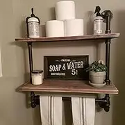(2-Layer) - FODUE Industrial Pipe Shelf,Rustic Wall Shelf with Towel Bar,60cm Towel Racks for Bathroom,2-Layer Pipe Shelves Wood Shelf Shelving (2-Layer)