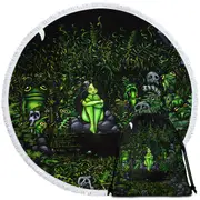 Green Wood Nymph Girl Surrounded by Odd Creatures Round Beach Towel