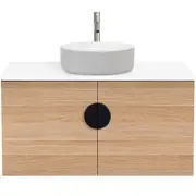 CIBO 900mm Oak Mornington Wall Hung Vanity With Light Grey / White Basin And Black Handle