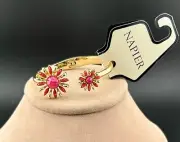 Napier Gold-Tone Hinged Bracelet Pink Rhinestone Flowers