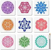 MAYJOYDIY 9 PCS Sacred Geometry Flower Stencils 5.9x5.9 Inches Circle Star Polygon Reusable Stencils Triangle Mandala Floral Drawing Templates with Paint Brush for Wood Furniture Wall Canvas