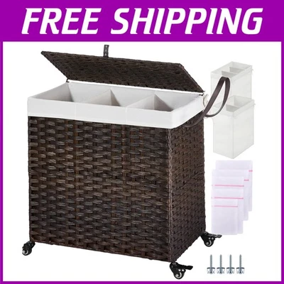 Chic Brown Laundry Hamper with Rolling Wheels & 5 Mesh Bags for Easy Transport