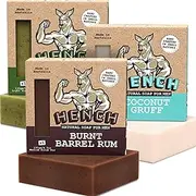 [Hench] Mens Soap Bar 3 Pack Handcrafted Natural Soap for Men Exfoliating Moisturising Man Soap Palm Oil Free and No Harsh Chemicals Soothes Dry Irritated Skin (Outback Moss/Coconut Gruff/Burnt Barrel Rum)