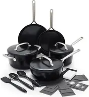 [GreenPan] GP5 Hard Anodized Advanced Healthy Ceramic Nonstick, 14 Piece Cookware Pots and Pans Set with Insulated Lids, Induction, Dishwasher Safe, Oven & Broiler Safe, Black
