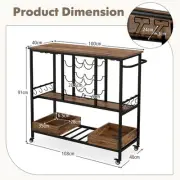 Rustic Brown 3-Tier Rolling Bar Cart with Glass Racks and Storage Compartments