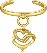 [NAOKETEN] Solid 14K Yellow Gold Dangle-heart/Leaf Adjustable Open Toe Ring for Women | Cuff Toe Ring Fit Most Size for Spring, Summer, Holiday, Wedding or Daily Wear