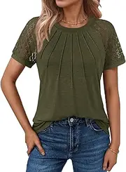 [Cuptacc] Women's Short Sleeve Blouse with Lace Sleeves 2024 Summer Top Crew Neck Pleated Plain Casual Tunic T-Shirt Elegant