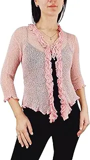 [Mimosa] Ladies Frill Cardigan Tie Up Crochet Plain Stretch Fish Net Bolero