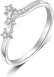 [BORUO] 925 Sterling Silver Ring, Chevron Wave Three Star Cubic Zirconia CZ Comfort Fit Wedding Band Ring Size 4-12