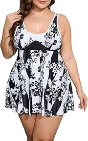 [JadeRich] Women Plus Size Two Piece Floral Swimdress Modest Tankini Bathing Suit Tummy Control Swimsuit