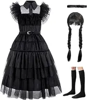 Zalongye Wednesday addams costume girls dress for Kids Addams Family Costumes Halloween Cosplay Party Dress With belt 4-12Y