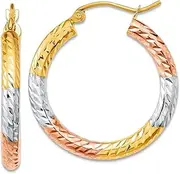 [JewelryWeb] 14k With White and Rose Rhodium Polished And Sparkle Cut Hoop Earrings 27.2x25.7mm Wide 2-Hoop Earring for Women