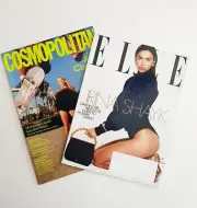 2 Elle Magazine Irina Shayk + Cosmopolitan Alex Cooper Magazines November, 2023.