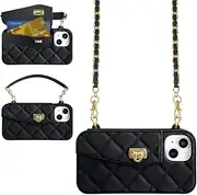 UnnFiko Mobile Phone Case iPhone 14 with Strap, Soft Silicone Case with Card Slot, Mobile Phone Chain iPhone 14 for Hanging, Black
