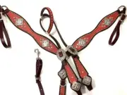 Western Leather Tack Set of headstall and Breast Collar with Red Overlay