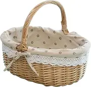 Wicker Picnic Basket,Woven Empty Easter Basket with Liner and Folded Hand,Bath Toy and Kids Toy Storage,Easter Eggs Candy Storage Basket for Candy, Egg Gathering, Toys, Wedding