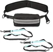 ZFLYCANP Hands Free Dog Leash with Adjustable Waist Belt, Multi Functional Pouch, Movable D Ring Design, Retractable Waist Running Leash with Pouch for Running Walking Jogging (Black+Sky Blue)