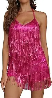 [Generic] Women Sexy V Neck Backless Bodycon Dress - Spaghetti Strap Layered Fringe Sleeveless Top Dress - Women's Summer Fringe Tassel Club Party Prom Mini Strap Dress - Dance Club Party Dresses
