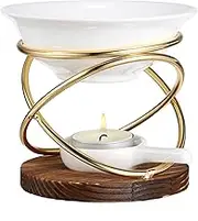 BSTKEY Metal Wooden Wax Melt Burner Essential Oil Burner with Ceramic Bowl, Decorative Aroma Diffuser Wax Burner Tealight Candle Holder Burner (X Shape Gold)