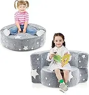 HONEY JOY 2-in-1 Toddler Chair, Glow in The Dark Kids Couch with Removable & Washable Cover, Plush Reading Chair for Children, Convertible Sofa Play Mat for Boys & Girls 3+ Years Old (Grey Star)