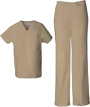 [Dickies] EDS Signature Unisex Scrubs Set 83706 Tuckable V-Neck Top & 83006 Drawstring Pant, Dark Khaki-3XL Top / 3XL Pant, White, Large Top / Medium Pant