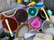 Colorful Agate Stone Serving Tray with Brass Handles, Charcuterie Board, Solid