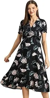 [Moomaya] Women’s Printed Summer Dress, V-Neck Ruffled Viscose Midi Dress, Sundress