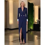 Blazer Dress Mermaid / Trumpet Mother of the Bride Dress Tuxedo Dress Elegant Party Satin Shawl Lapel Floor Length Long Sleeve with Metal Buttons and Slit 2025