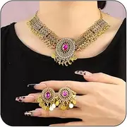 [Bethynas] Indian Jewelry Set for Women Ethnic Gold Crystal Tassel Beads Choker Necklace Boho Teardrop Dangle Drop Earrings Traditional Wedding Bridal Belly Dance Accessories Set