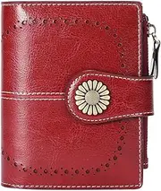 [QUEAMBLER] Women Wallet Real Leather RFID Blocking Small Bifold Coin Pocket Purse Wallet with 16 Card Slots (Red)