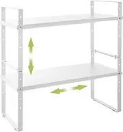 Across-Star Expandable Cabinet Shelf Organizer Rack, Stackable Kitchen Counter Storage Shelves Stand, Adjustable Height Pantry Shelf Spice Rack (White, 2 Pack)