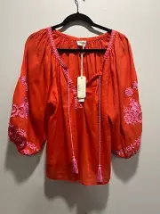 Artelier Nicole Miller Cotton Floral Embroidered Boho Peasant flutter sleeve
