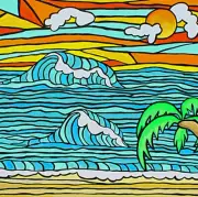 Stained Glass Beach Fabric Block Ocean Waves Surf Art Quilt Square Panel~ SALE