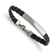 Stainless Steel Chisel Polished Braided Black Leather 7.25 Inch Id Bracelet