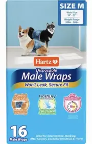NEW Hartz Absorbent Disposable Male Wraps FlashDry Technology 16 ct Size Med M