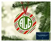 SET OF 4 MONOGRAM INITIALS METAL CHRISTMAS ORNAMENTS PERSONALIZED RED STRIPES D6