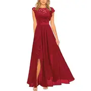 Party Dress Sleeveless Dressing Up Solid Color Fashion Crochet Flower Lace Flowy Hem Bridesmaid Dress Streetwear wine red XL