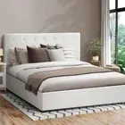 Oikiture Bed Frame Double Size Gas Lift Storage Base White Leather COTI