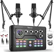 Podcast Equipment Bundle for 2, Audio Mixer with 3.5mm Podcast Microphone, Voice Change DJ Mixer for Live Streaming Singing Gaming